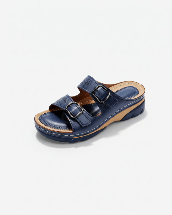 Sandales à bout ouvert avec petit talon compensé et double boucle