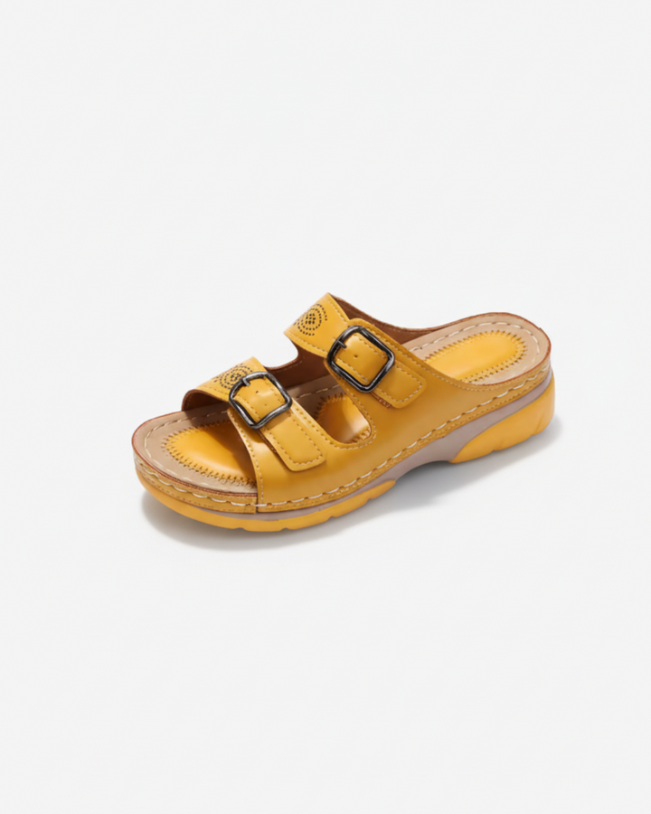 Sandales à bout ouvert avec petit talon compensé et double boucle