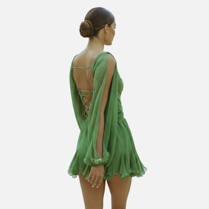Robe courte mousseline femme cache-cœur manches bouffantes