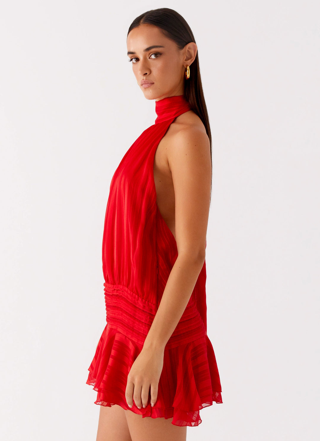 Robe longue mousseline femme col halter dos nu taille asymétrique