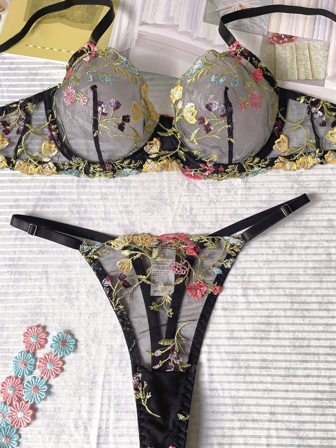 Elegant Embroidered Mesh Lingerie Set with Adjustable Fit