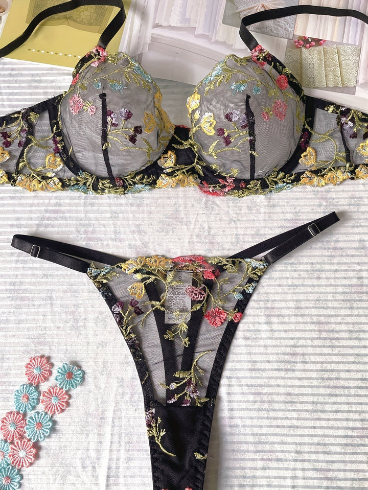 Elegant Embroidered Mesh Lingerie Set with Adjustable Fit