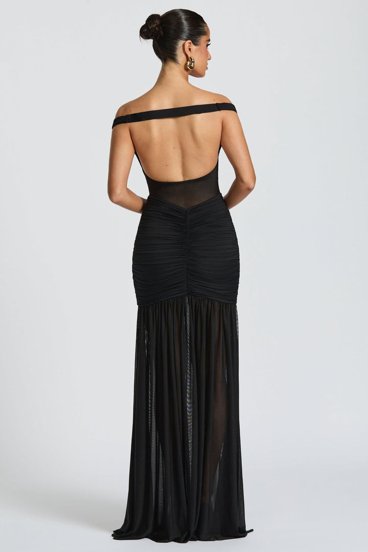 Alya Metallic Maxi Dress – Vibrant Olive Yellow Black Evening Gown