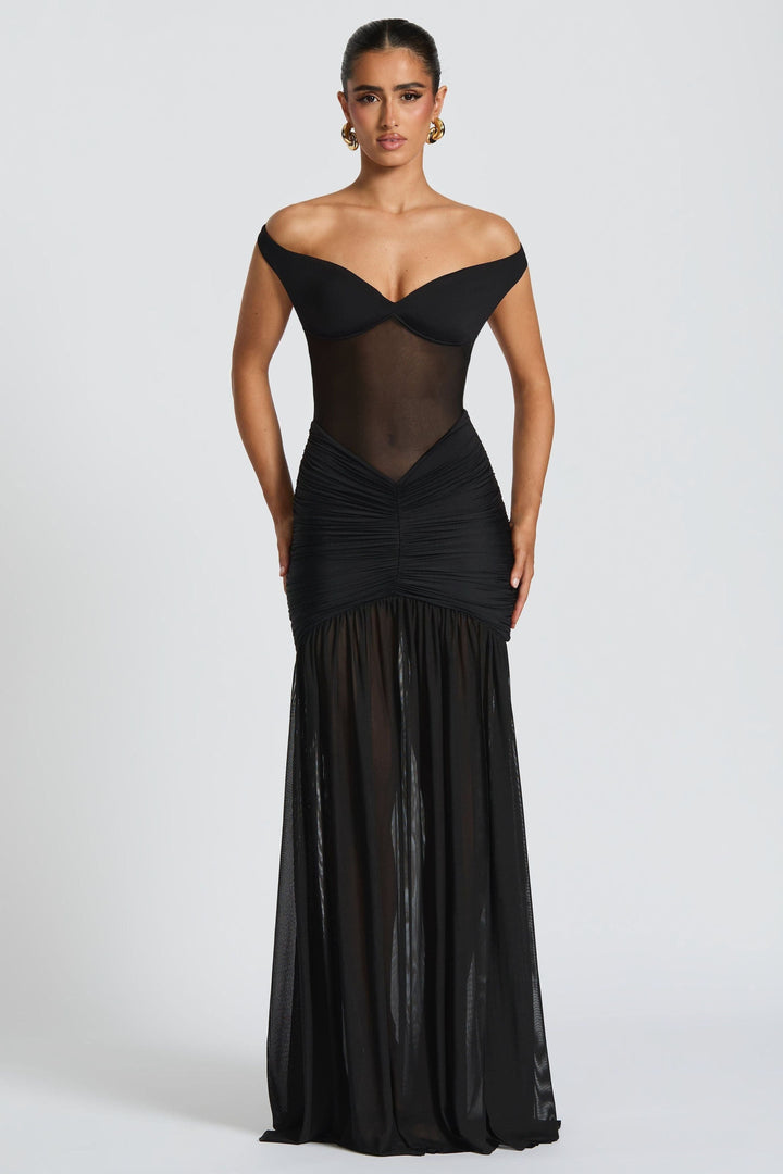 Alya Metallic Maxi Dress – Vibrant Olive Yellow Black Evening Gown