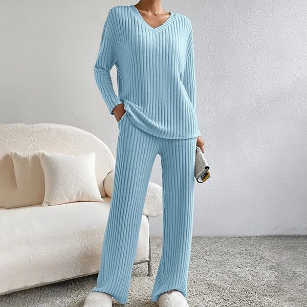 Ensemble deux pièces côtelé femme col V pantalon confortable