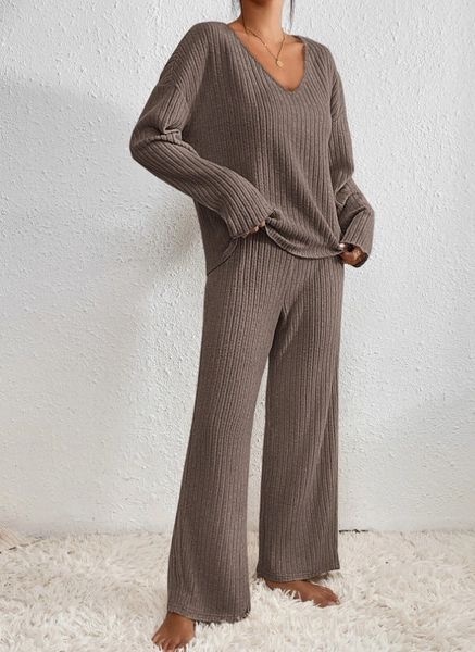 Ensemble deux pièces côtelé femme col V pantalon confortable
