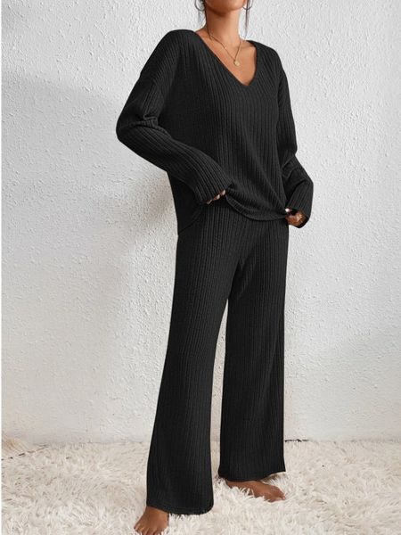 Ensemble deux pièces côtelé femme col V pantalon confortable