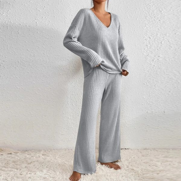 Ensemble deux pièces côtelé femme col V pantalon confortable