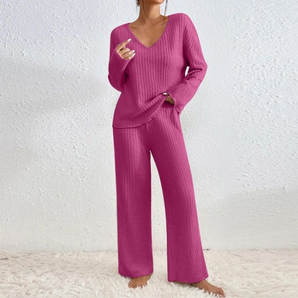 Ensemble deux pièces côtelé femme col V pantalon confortable