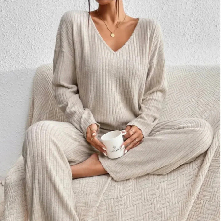 Ensemble deux pièces côtelé femme col V pantalon confortable