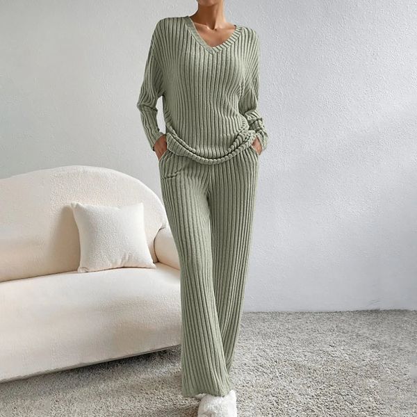 Ensemble deux pièces côtelé femme col V pantalon confortable