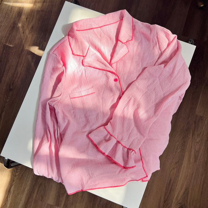 Amara Pajama Set – Soft Pink Ruffle Cozy Loungewear