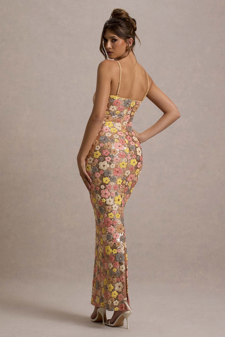 Robe longue à sequins femme motifs floraux fente latérale élégante