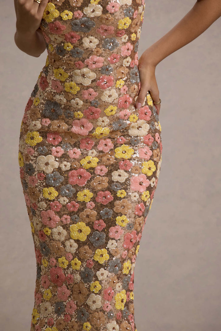 Robe longue à sequins femme motifs floraux fente latérale élégante